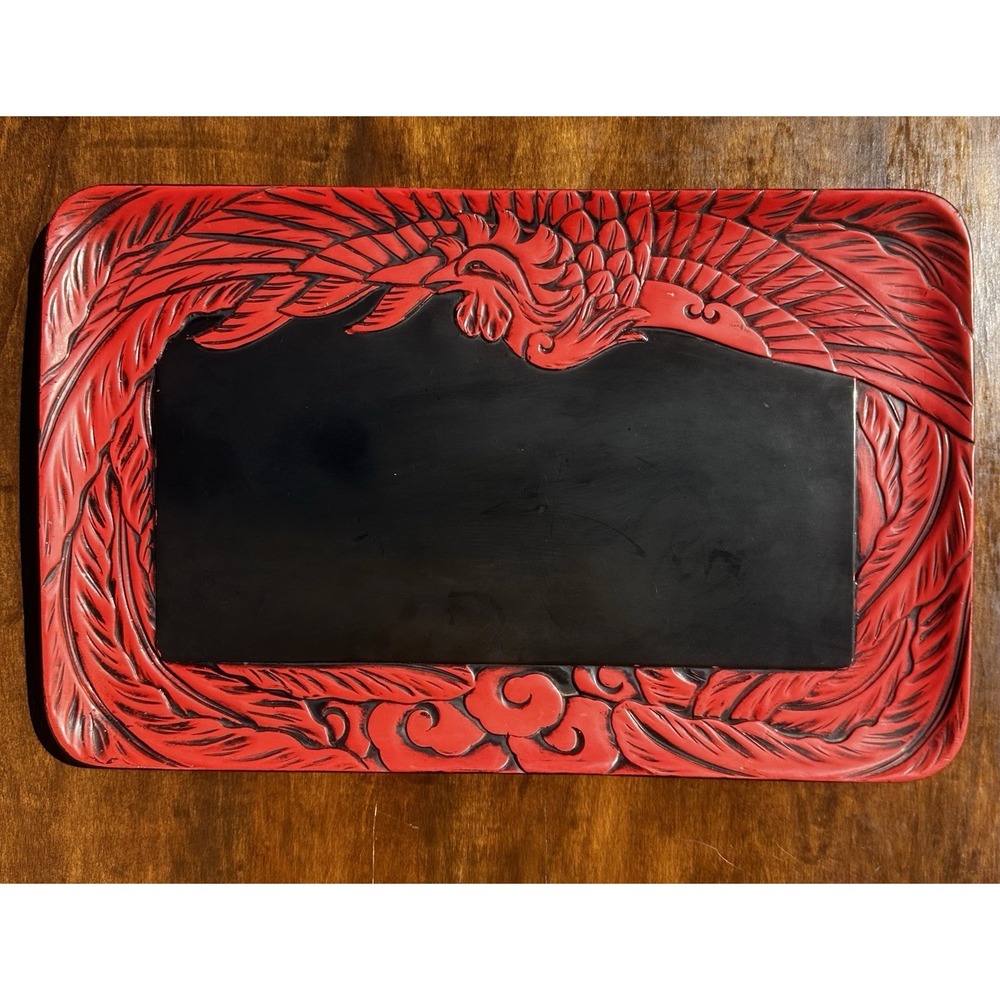 Antique Japanese Kamakura-bori Lacquerware Red Black Phoenix Tray Hand Carved